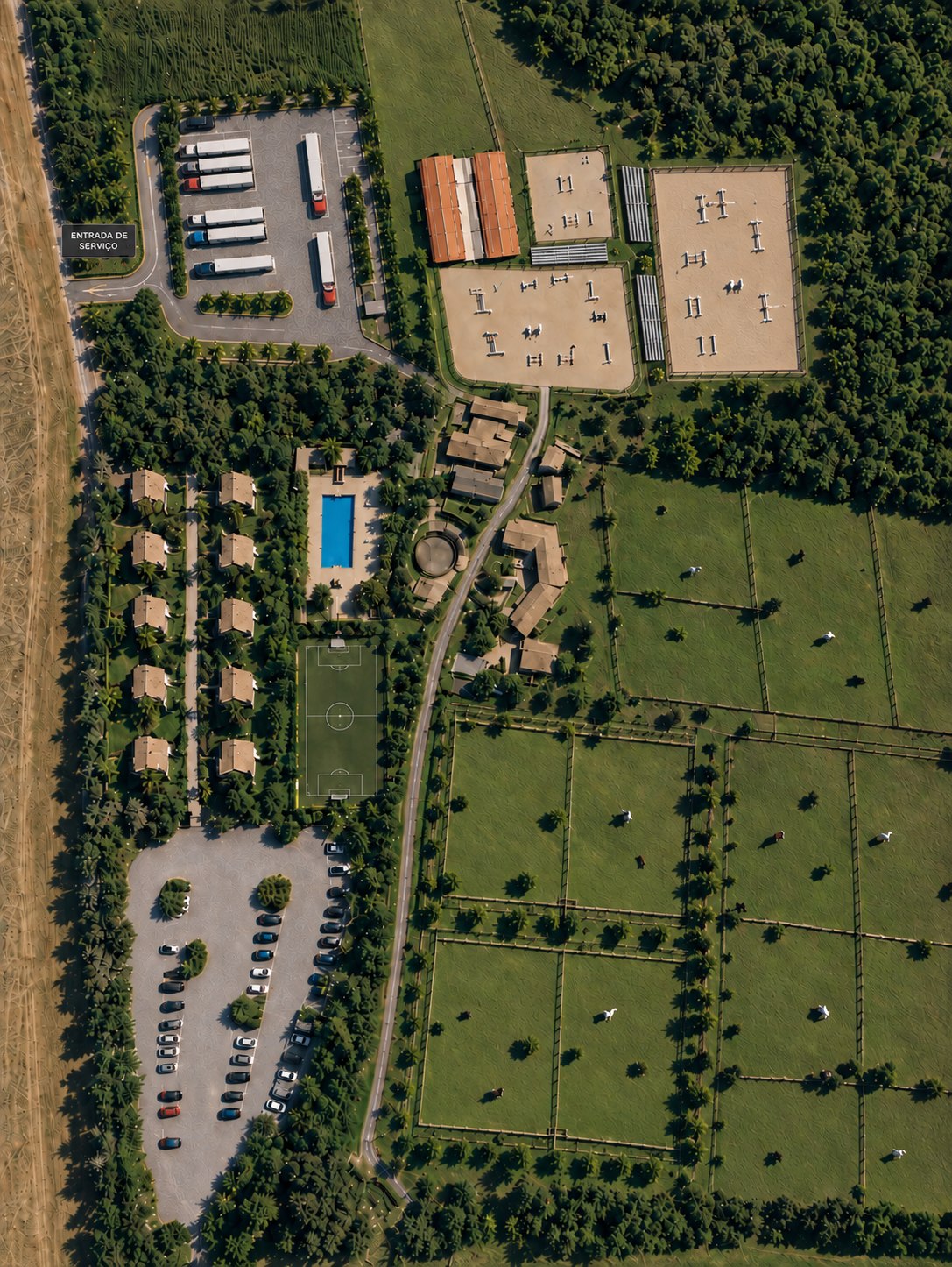 Vista aérea do layout completo do Haras Vida Plena